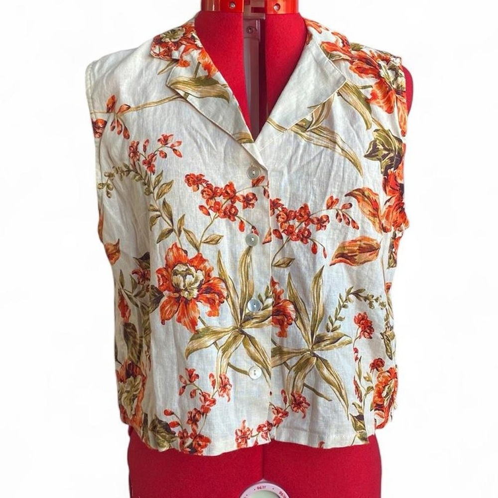 Joie Cream Sleeveless Floral Linen Button-Up Blouse with Orange Blooms